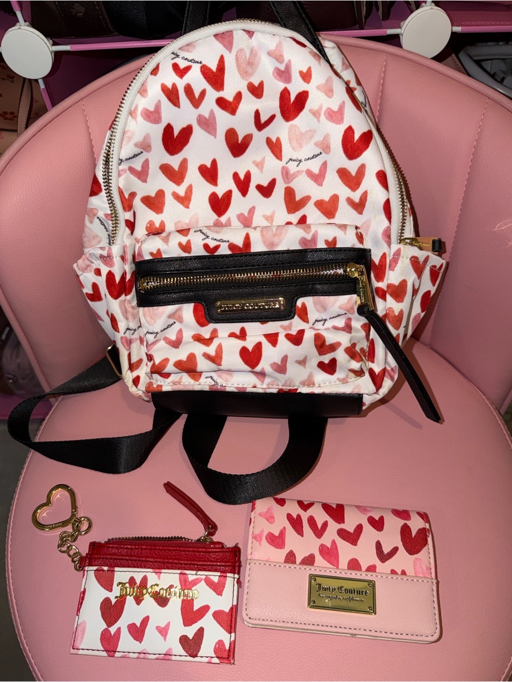 Juicy Couture Pink & Red Heart Print Mini Backpack with Matching Wallet Set